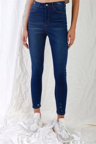 Dark Blue High-waisted With Rips Skinny Denim Jeans Dark Blue High-waisted With Rips Skinny Denim Jeans