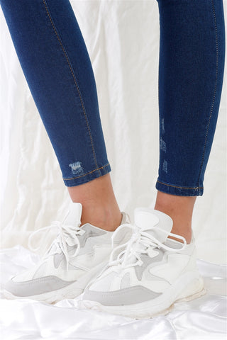 Dark Blue High-waisted With Rips Skinny Denim Jeans Dark Blue High-waisted With Rips Skinny Denim Jeans