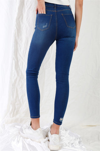 Dark Blue High-waisted With Rips Skinny Denim Jeans Dark Blue High-waisted With Rips Skinny Denim Jeans