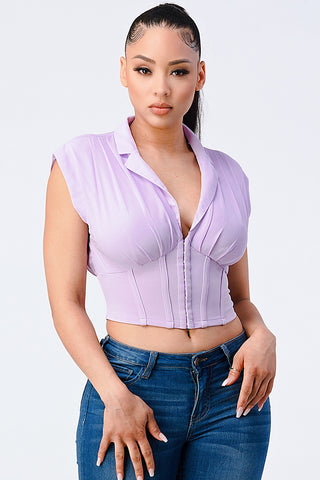 Luxe Collared V-neck Contrast Blouse Top Luxe Collared V-neck Contrast Blouse Top