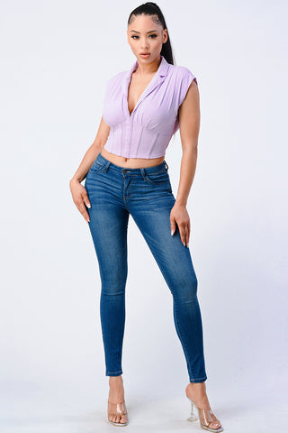 Luxe Collared V-neck Contrast Blouse Top Luxe Collared V-neck Contrast Blouse Top