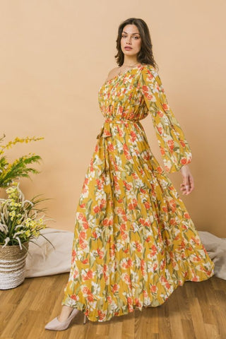 A Printed Woven One Shoulder Maxi Dress A Printed Woven One Shoulder Maxi Dress