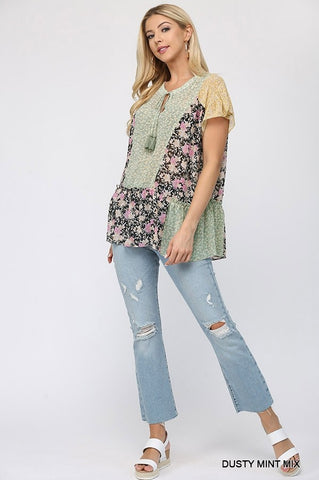 Floral Mixed Print Chiffon Short Top With Front Tassel Tie Floral Mixed Print Chiffon Short Top With Front Tassel Tie