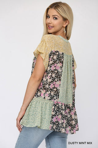 Floral Mixed Print Chiffon Short Top With Front Tassel Tie Floral Mixed Print Chiffon Short Top With Front Tassel Tie