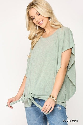 Leopard Jacquard Knit Jersey Top With Front Tie, Ruffled Sleeve Leopard Jacquard Knit Jersey Top With Front Tie, Ruffled Sleeve