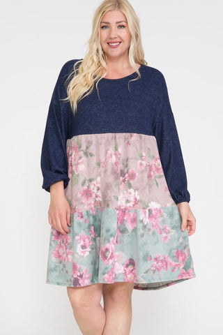 Floral Contrast Shirring Babydoll Dress Floral Contrast Shirring Babydoll Dress