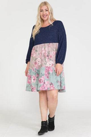 Floral Contrast Shirring Babydoll Dress Floral Contrast Shirring Babydoll Dress