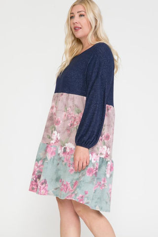 Floral Contrast Shirring Babydoll Dress Floral Contrast Shirring Babydoll Dress