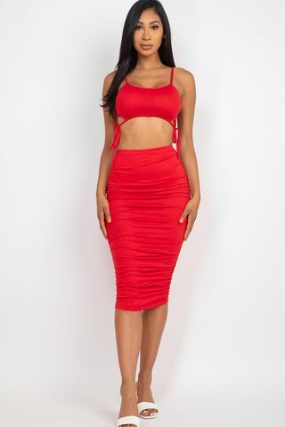 Cut-out Tie Side Crop Top & Ruched Midi Skirt Set Cut-out Tie Side Crop Top & Ruched Midi Skirt Set