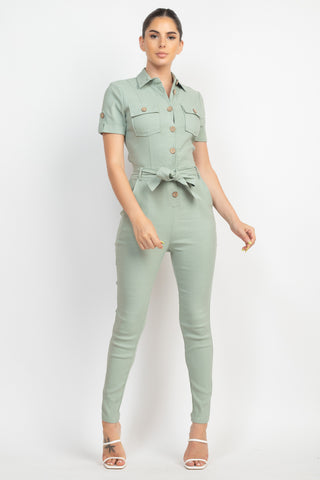 Collared Waist-tie Buttoned Jumpsuit Collared Waist-tie Buttoned Jumpsuit