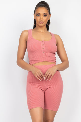 Buttons Scoop Neck Crop Top & Biker Shorts Set Buttons Scoop Neck Crop Top & Biker Shorts Set