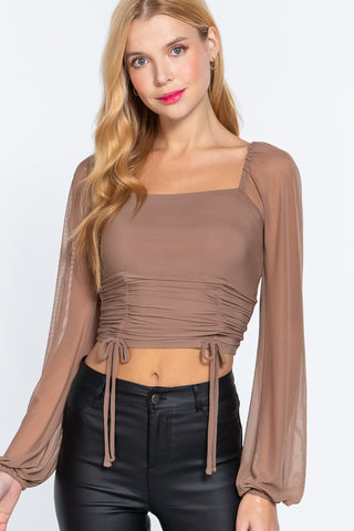 Long Slv Ruched Mesh Knit Top Long Slv Ruched Mesh Knit Top