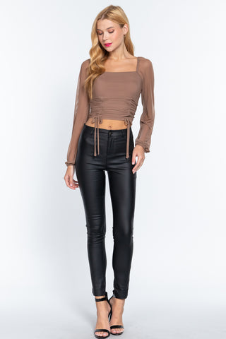 Long Slv Ruched Mesh Knit Top Long Slv Ruched Mesh Knit Top