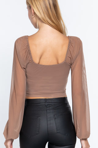 Long Slv Ruched Mesh Knit Top Long Slv Ruched Mesh Knit Top