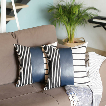 Bohemian Striped Vegan Faux Leather Throw Pillow Covers