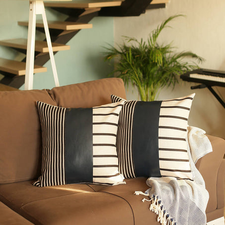Bohemian Striped Vegan Faux Leather Throw Pillow Covers