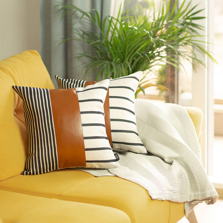 Bohemian Striped Vegan Faux Leather Throw Pillow Covers