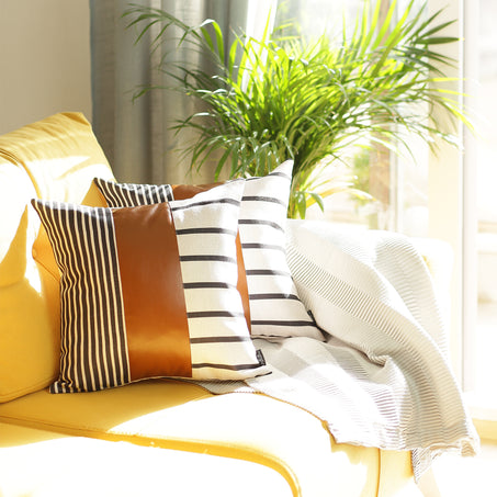 Bohemian Striped Vegan Faux Leather Throw Pillow Covers