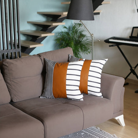 Bohemian Striped Vegan Faux Leather Throw Pillow Covers