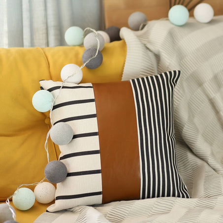 Bohemian Striped Vegan Faux Leather Throw Pillow Covers