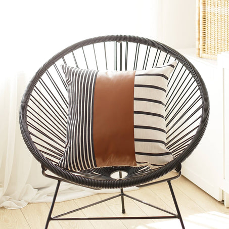 Bohemian Striped Vegan Faux Leather Throw Pillow Covers