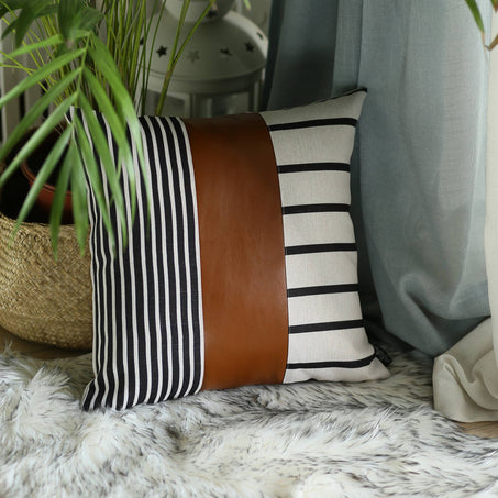 Bohemian Striped Vegan Faux Leather Throw Pillow Covers
