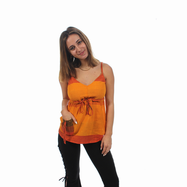 MAYA TOP Cotton Striped Adjustable Spaghetti Strap Top with Cinch & Pocket