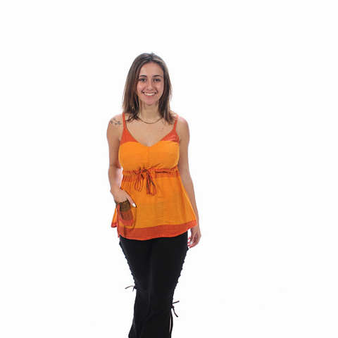 MAYA TOP Cotton Striped Adjustable Spaghetti Strap Top with Cinch & Pocket