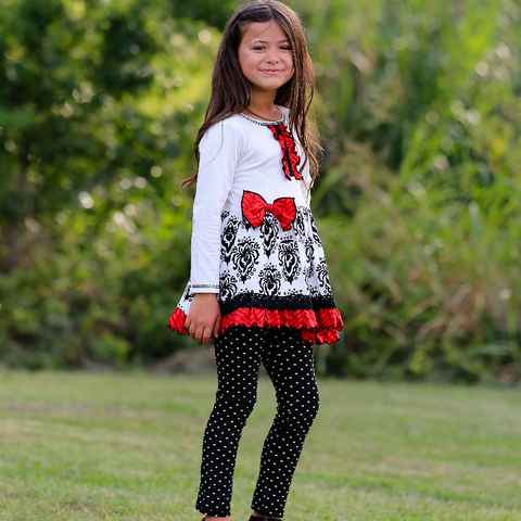 AnnLoren Girls Winter Damask Holiday Polka Dot Herringbone Dress Tunic & Leggings Set sz 2/3T-9/14