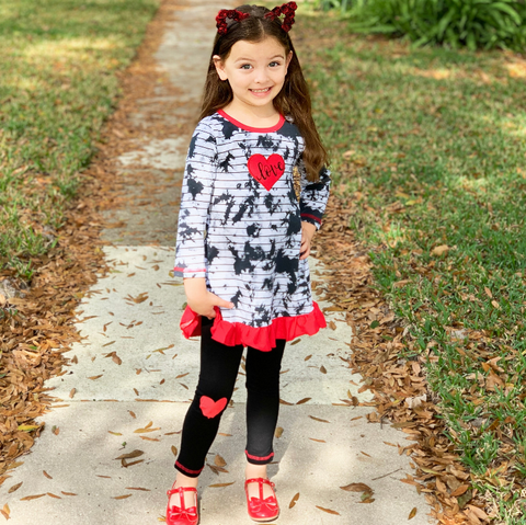 AnnLoren Girls Valentine's Day Heart Tie Dye Outfit Dress and Black Leggings