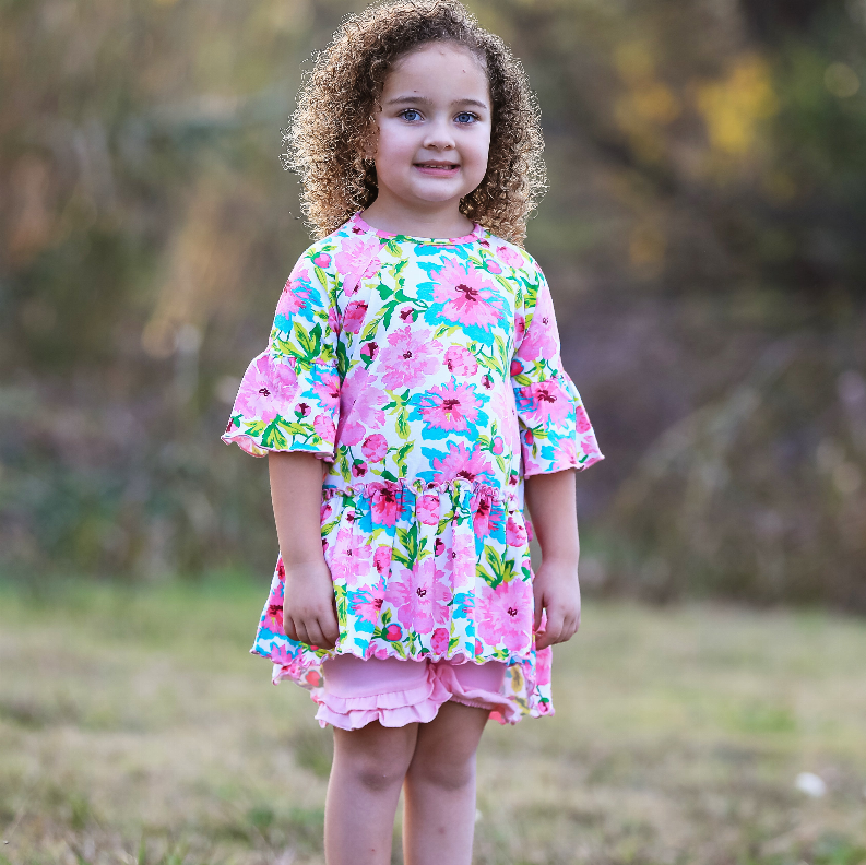 AnnLoren Little & Big Girls 3/4 Angel Sleeve Pink Green Big Floral Cotton Knit Ruffle Shirt