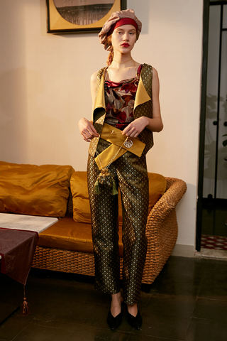 Rimless | Golden Green Jacquard High Waist Pant