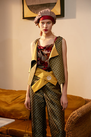 Rimless | Golden Green Jacquard High Waist Pant