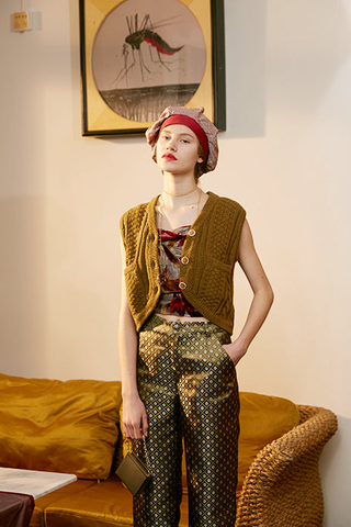 Rimless | Golden Green Jacquard High Waist Pant
