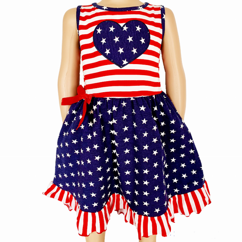 AnnLoren Girls' 4th of July Stars & Striped Heart Dress Red White & Blue