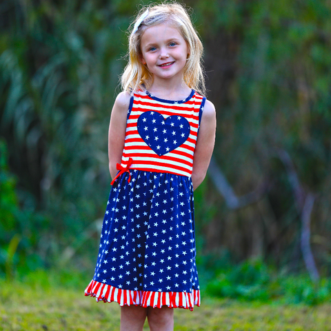 AnnLoren Girls' 4th of July Stars & Striped Heart Dress Red White & Blue
