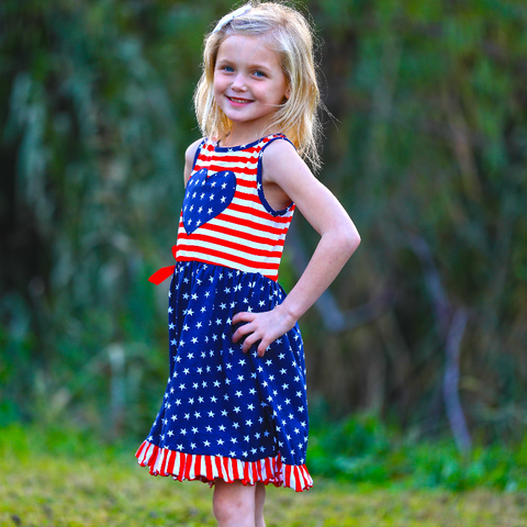 AnnLoren Girls' 4th of July Stars & Striped Heart Dress Red White & Blue