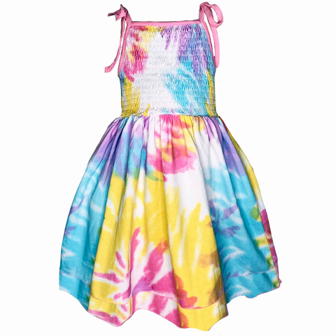 AnnLoren Big Little Girls Pastel Tie Dye Smocked Summer Swing Dress