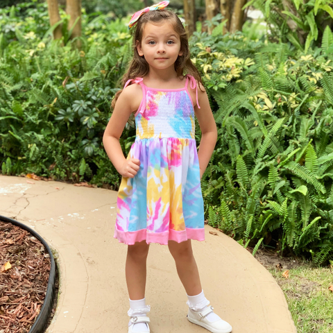 AnnLoren Big Little Girls Pastel Tie Dye Smocked Summer Swing Dress