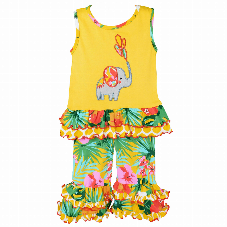 AnnLoren Big Little Girls Yellow Elephant Tunic & Tropical Hibiscus Capri Ruffle Pants Set Toddler Boutique Clothing