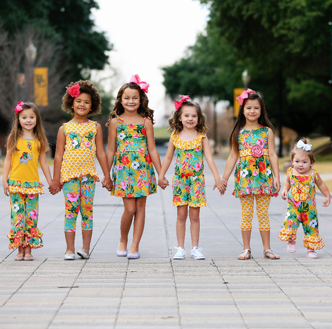 AnnLoren Big Little Girls Yellow Elephant Tunic & Tropical Hibiscus Capri Ruffle Pants Set Toddler Boutique Clothing
