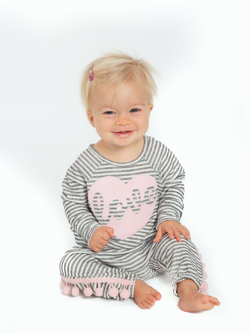 Striped "Love Heart" Pullover + Dropped Crotch Pants With Pom Pom Trim Set