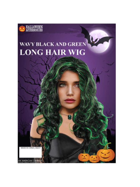 Wavy black long hair wig with green streaks (Available in a pack of 2)