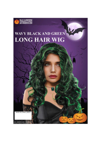Wavy black long hair wig with green streaks (Available in a pack of 2)