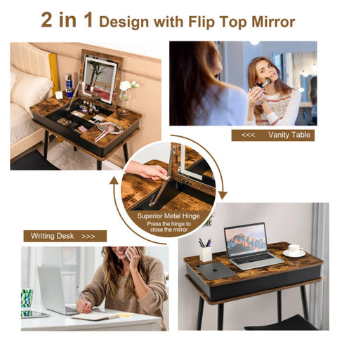 Vanity Table Set with Flip Top Mirror Lights USB Writing Desk and Stool-Brown