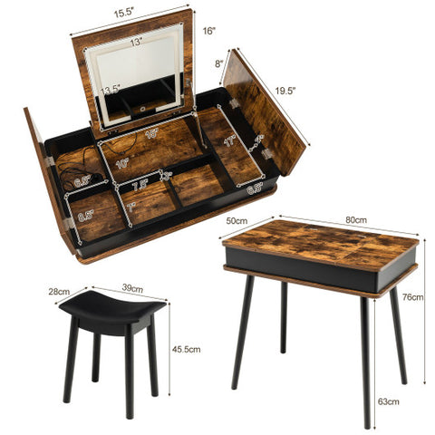 Vanity Table Set with Flip Top Mirror Lights USB Writing Desk and Stool-Brown