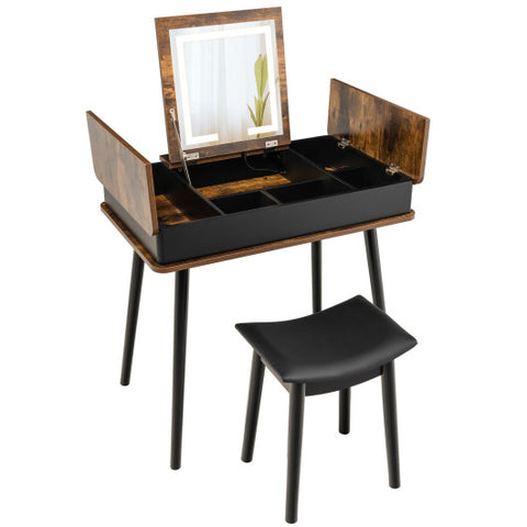 Vanity Table Set with Flip Top Mirror Lights USB Writing Desk and Stool-Brown