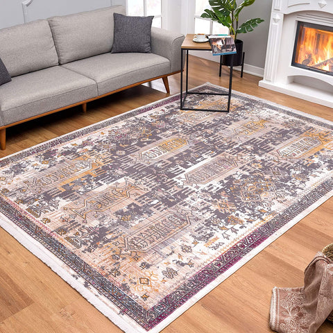 7’ x 9’ Gray Faded Tribal Motifs Area Rug