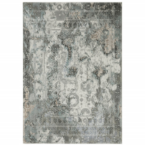 6' X 9' Ivory Grey Charcoal Blue And Rust Oriental Power Loom Stain Resistant Area Rug