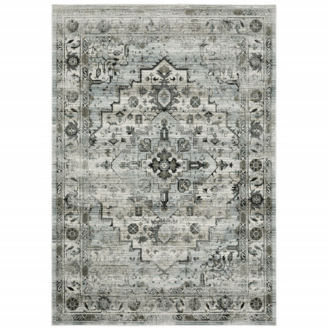 5' X 8' Ivory Grey Charcoal Blue And Taupe Oriental Power Loom Stain Resistant Area Rug
